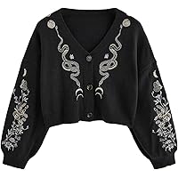 ZAFUL Women's Button Up Embroidered Cable Knit Cardigan V Neck